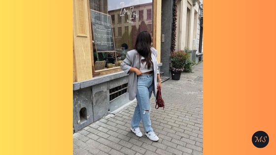 new balance 550 outfit Oversized Blazer + Crop Top + Jeans