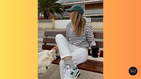 new balance 550 outfit Stripe Top + White Jeans + Green Baseball Cap