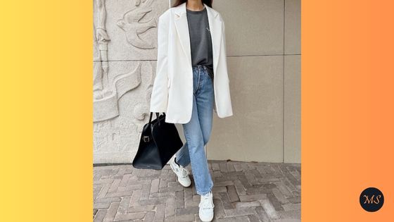 new balance 550 outfit White Blazer + Gray Shirt + Straight Leg Jeans